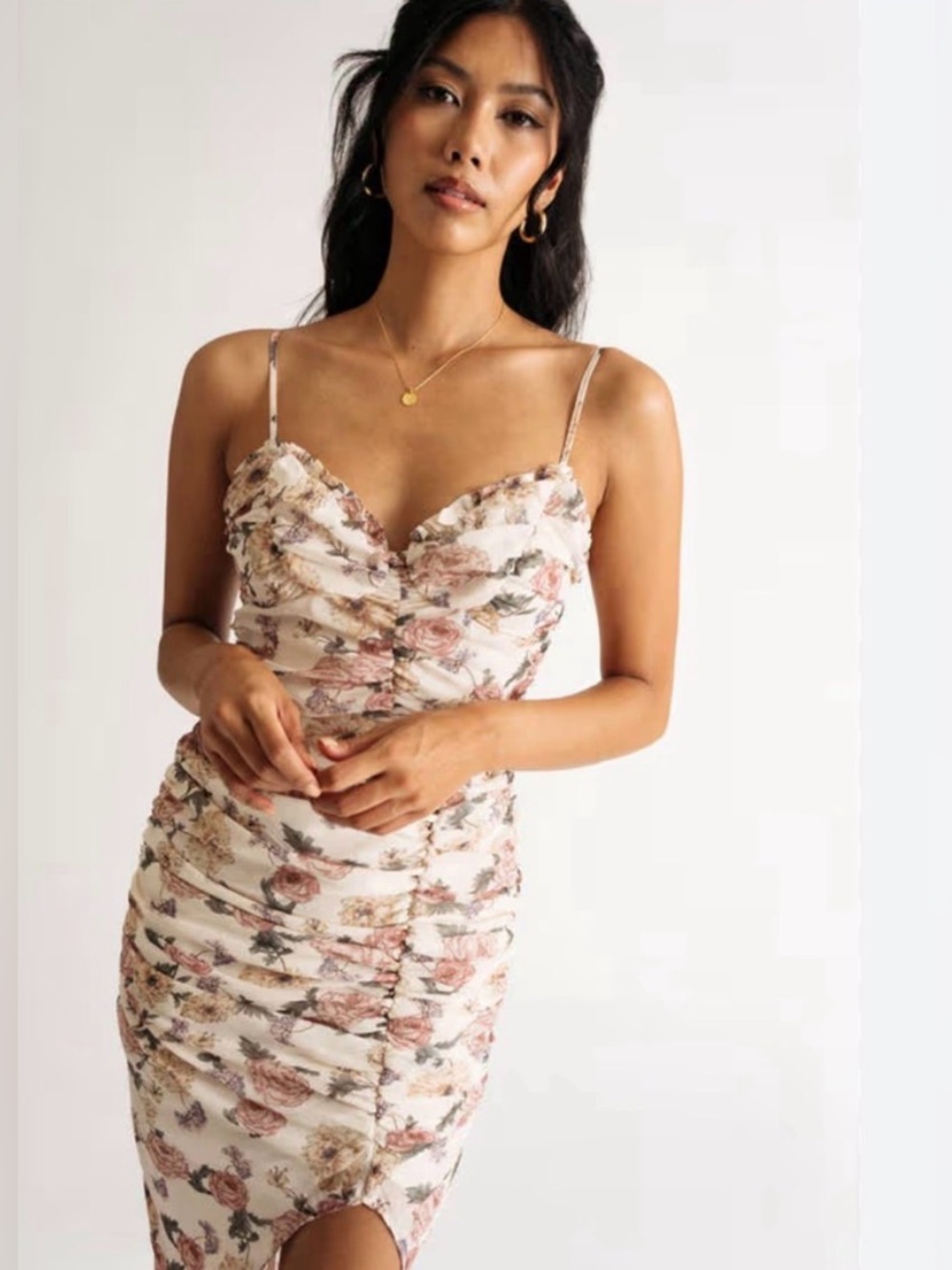 Mable Kylee Floral Ruched Midi Dress Ivory Pink Small